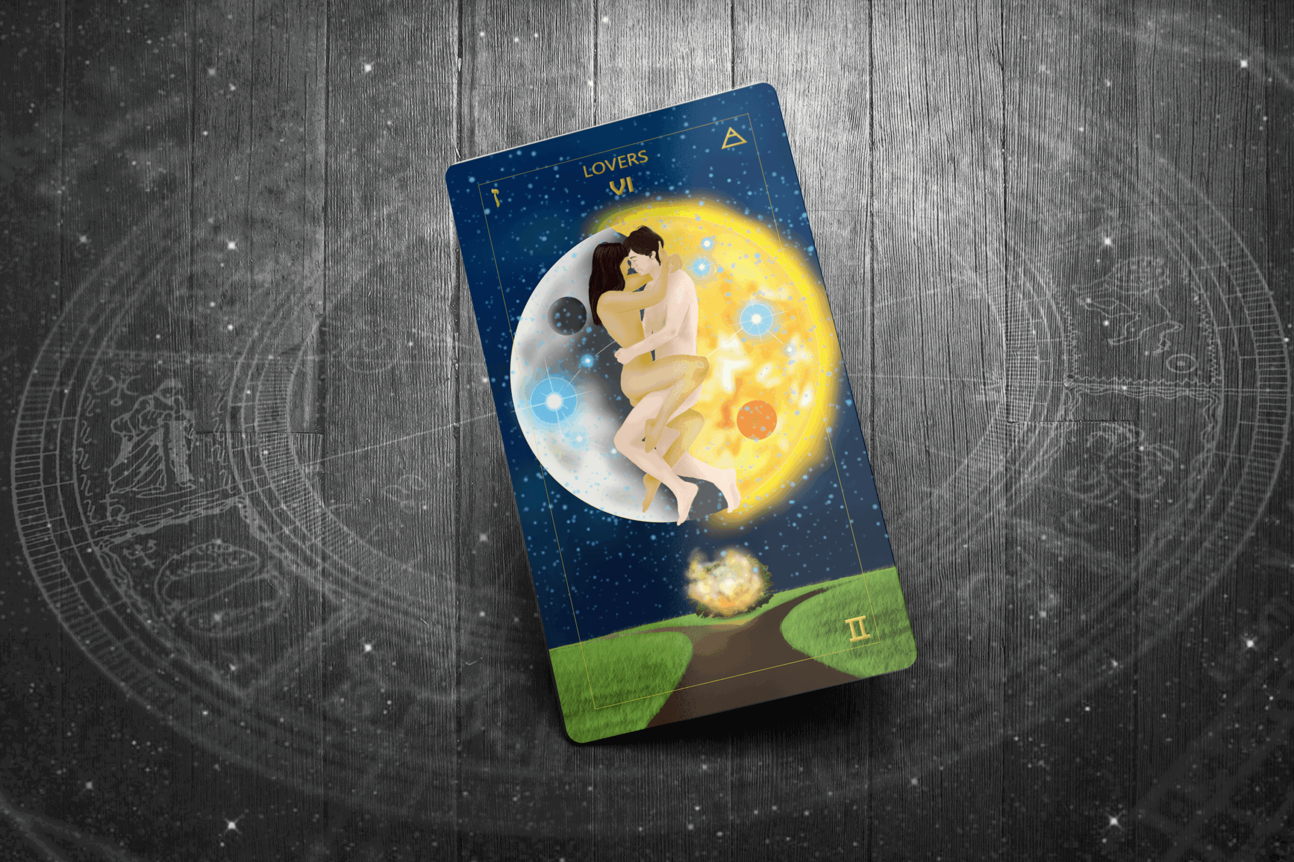 The Lovers tarot card, representing love, relationships, and life choices.