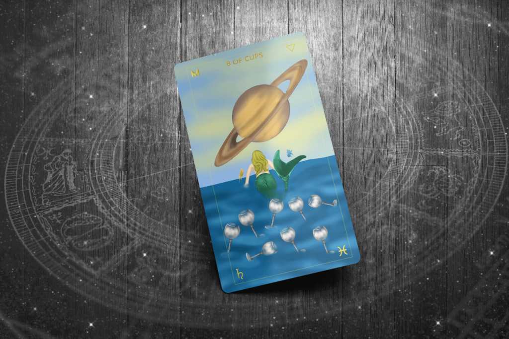 A detailed illustration of the Eight of Cups tarot card with a figure walking into the night, symbolizing transition and introspection