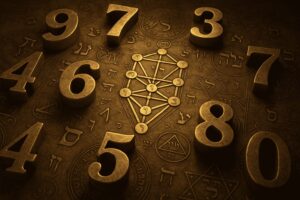 Kabbalistic Tree of Life with glowing numbered spheres representing tarot numerology and the ten Sephirot, connected by golden light in a mystical 3D scene