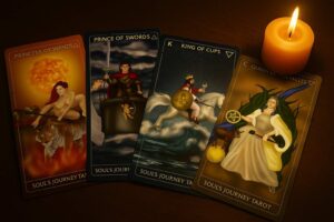 Four Soul’s Journey Tarot court cards — Princess of Wands, Prince of Swords, King of Cups, and Queen of Pentacles — arranged on a wooden table beside a glowing candle, symbolizing the elemental forces of fire, air, water, and earth
