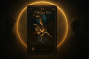 Upside-down tarot card of The World glowing in golden light, surrounded by shadowy archetypal figures, symbolizing Jungian polarity and reversed tarot interpretation.