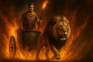 Prince of Wands Thoth card depicted as a photorealistic warrior riding a flaming lion-drawn chariot, surrounded by intense fire and golden light